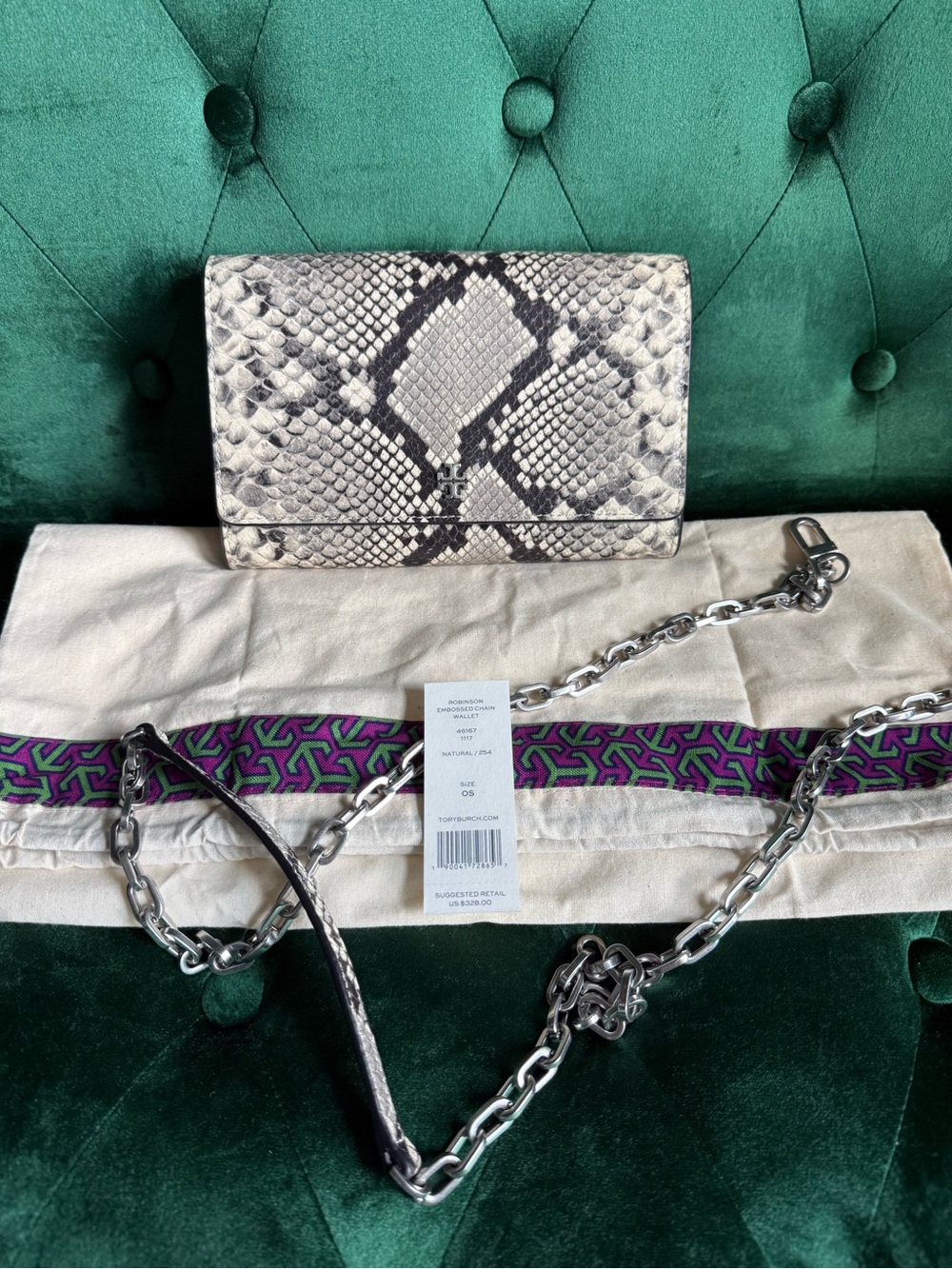 Tory Burch Robinson Snakeskin Embossed Wallet on Chain WOC Crossbody Clutch